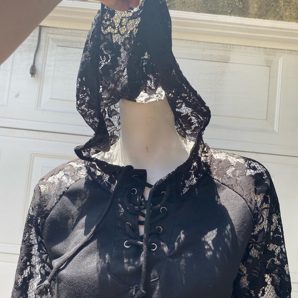 xjf=mc Tops Black Lace Goth Emo Black Hoodie With Lace Hood And